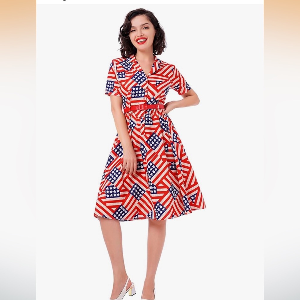 1950’S AUBREY HEPBURN NOTCH LAPEL AMERICAN FLAG COCKTAIL SWING DRESS MEDIUM